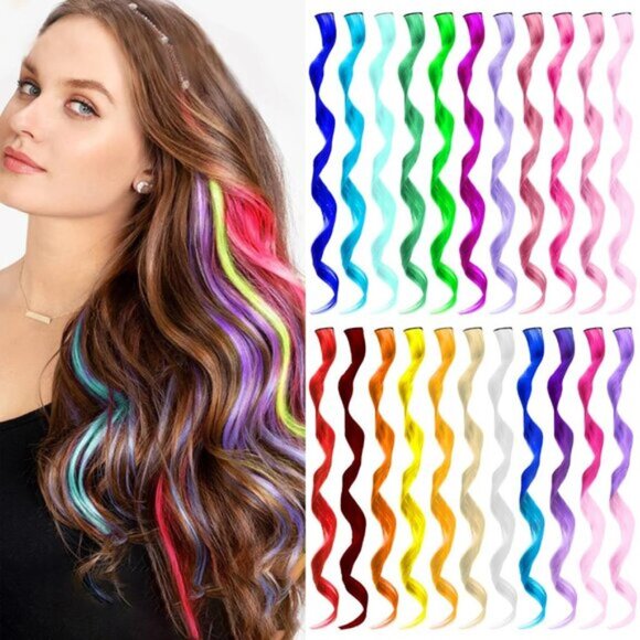 New 22PCS Curly Wavy Multi-color Rainbow Hairpieces Clip-in Hair Extensions